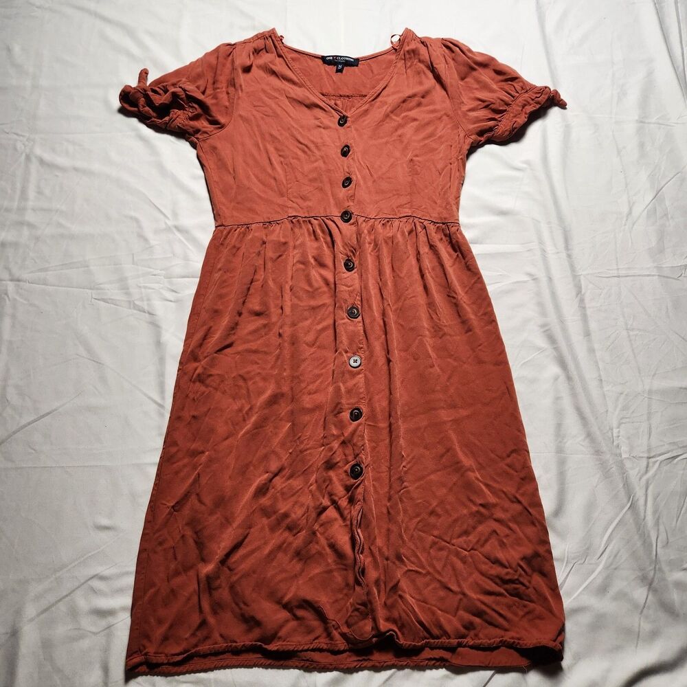 One Clothing Womens Medium Knee Length Short Sleeve Button Dress Burnt Orange